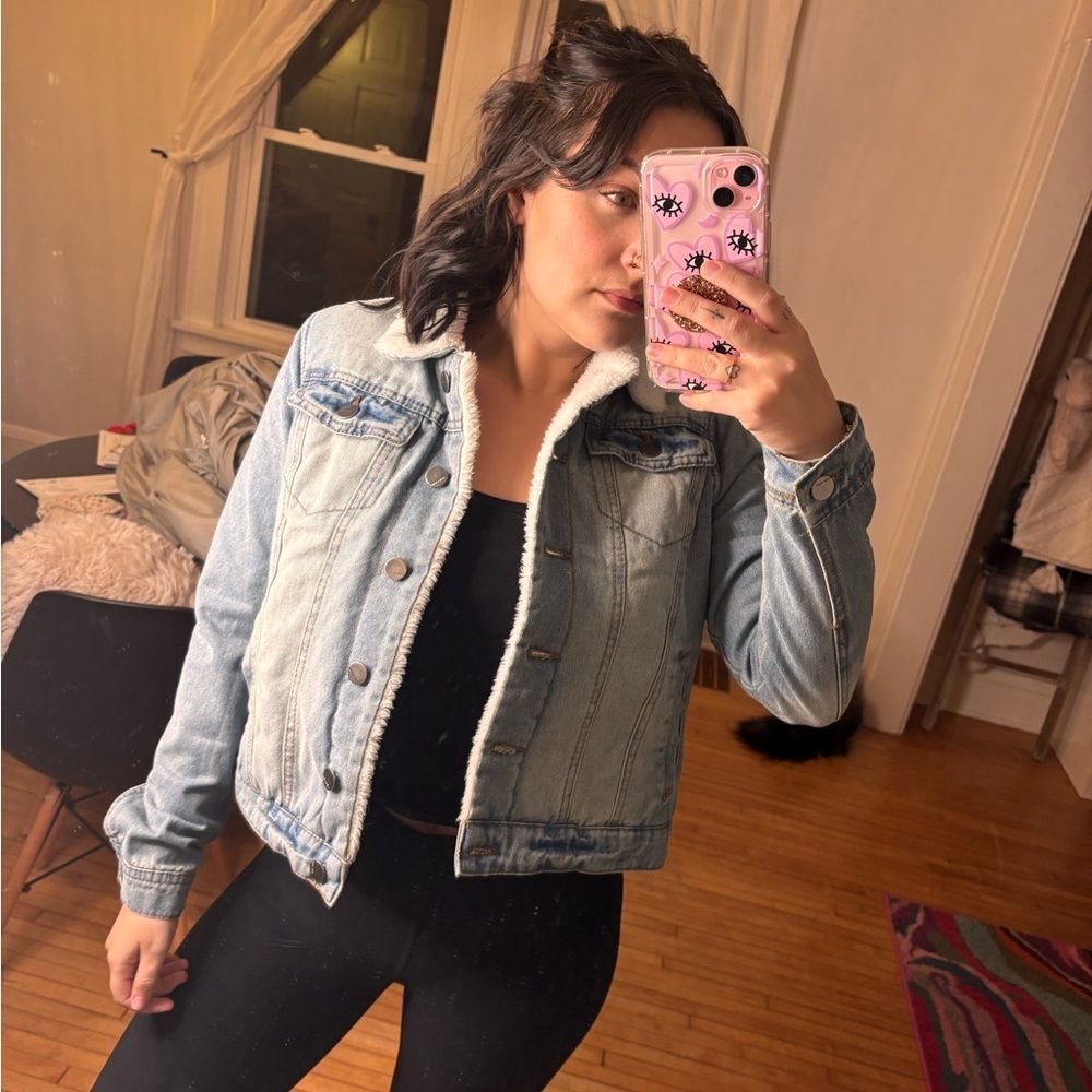 Francesca's Collections Light Blue Denim Jacket with Sherpa Collar